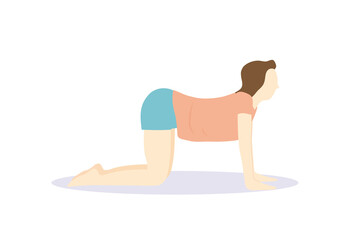 床に四つん這いになって背中を反らせるストレッチをするダイエット中の女性　マット無し・表情無し