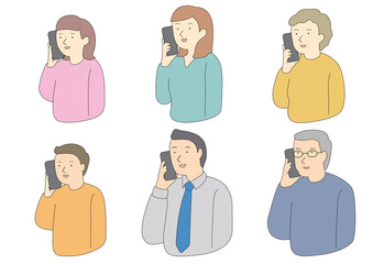 スマートフォンで話す老若男女6人セット　線画