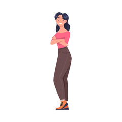 Young Smiling Woman with Folded Arms in Standing Pose Vector Illustration