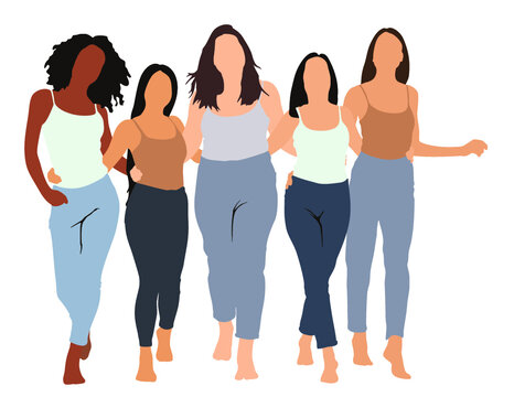 vector illustration of Group of women with different body types on light background
