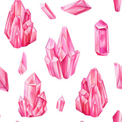 Watercolor Seamless pattern with pink gemstone crystals. Multicolored gems.