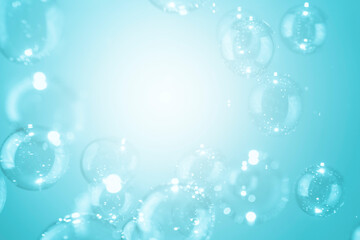 Fototapeta na wymiar Transparent Shiny Blue Soap Bubbles Background. Soap Sud Bubbles Water.