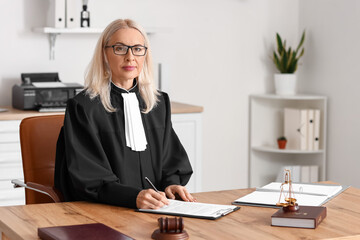Mature female judge working with document at table in courtroom