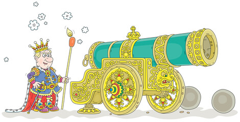 Angry king in a golden crown and solemn royal attire about to shoot from his huge cannon, vector cartoon illustration isolated on a white background