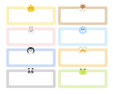 A collection of cute animal label stickers illustration set. Memo, paper, kindergarten, name tag, kid icon. Vector drawing. Hand drawn style.