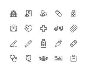 Collection of Hospital linear icons and. Set of capsule, medical, pharmacy symbols drawn with thin contour lines. Vector illustration.