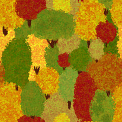 Seamless pattern with dotted autumn trees. Background in dotwork style. Pointillism painting technique. Dots and points. Van Gogh style