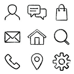 Web design vector brush stroke icons set: envelope, search, shopping bag, chat dialog, map pin, email symbol, settings gear, phone call sign, home page, my page.  Website design icon collection