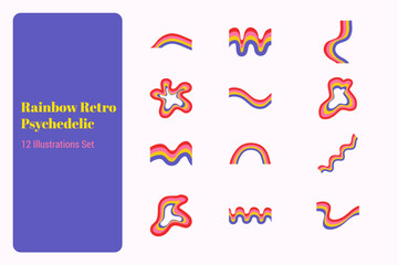 Rainbow Retro Psychedelic Illustration Set