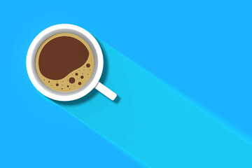 Obraz na płótnie Canvas a white cup of coffee on blue background. long shadow from cup. invigorating drink. horizontal image. 3D image. 3D rendering.