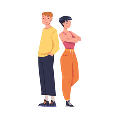 Young Smiling Man and Woman with Folded Arms in Standing Pose Vector Illustration