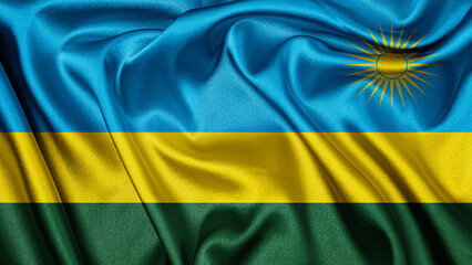 Close up realistic texture fabric textile silk satin flag of Rwanda waving fluttering background. National symbol of the country. 1st of July, Happy Day concept
