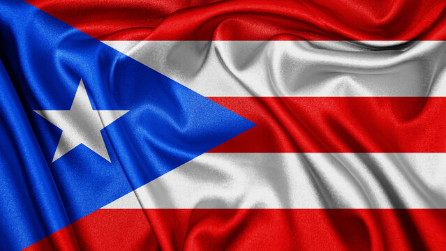 Close up realistic texture fabric textile silk satin flag of Puerto Rico waving fluttering background. National symbol of the country. 12th of June, Happy Day concept
