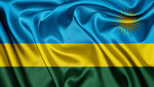 Close up realistic texture fabric textile silk satin flag of Rwanda waving fluttering background. National symbol of the country. 1st of July, Happy Day concept