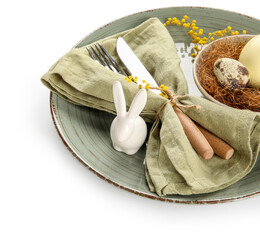 Stylish table setting for Easter celebration on white background, closeup