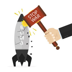 Activist or politician uses hammer and smashes big bomb. Stop war. Pacifism, prohibition of use of weapons. Anti military motivational banner. Peace day, poster.