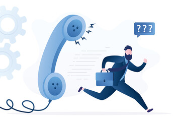 Frustrated male employee runs away from large handset. Mental stress from talking to boss. Chief is yelling on telephone. Psychological pressure on clerk. Office violence.