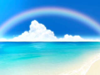 虹と青空のビーチ　楽園のイメージ背景素材