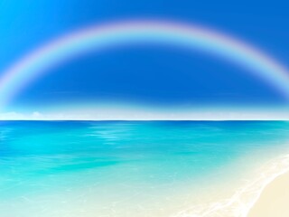 虹と青空のビーチ　楽園のイメージ背景素材