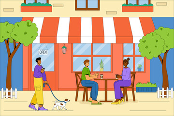 People relax and drink coffee outdoors. The building of the summer cafe with outdoor tables and chairs. Friendly man with a dog relax in the fresh air. Vector concept of a summer cafe. Flat vector