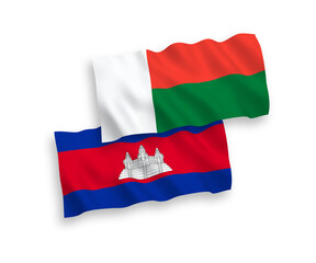 Flags of Kingdom of Cambodia and Madagascar on a white background