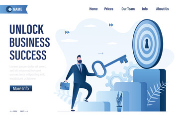 Unlock business success, landing page template. Achieve business target. Successful career, goal achievement. Secret for success in work. Businessman putting big key into bullseye target.