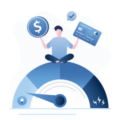 Credit gauge at good rating. Male customer hold dollar coin and plastic card. Reliable borrower. Good credit score for credit cards. Excellent personal financial plan.