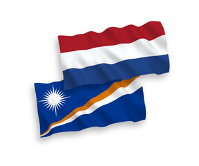 Flags of Republic of the Marshall Islands and Netherlands on a white background