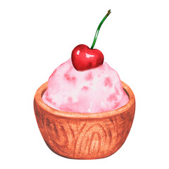 Cherry ice cream. Watercolor illustration. Isolated on a white background. For design.