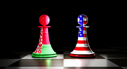 Belarus and USA relations, chess pawns with national flags - 3D illustration