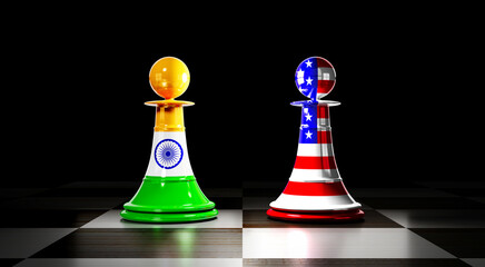 India and USA relations, chess pawns with national flags - 3D illustration