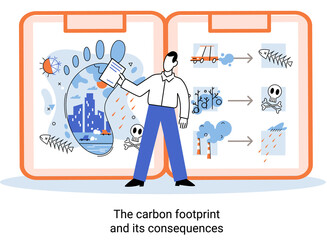 Carbon footprint and consequences metaphor. Causes of climate change on planet. Record high levels of carbon dioxide CO2 in atmosphere. Environmental, ecological problems air and atmosphere pollution