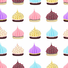Seamless pattern with multi-colored appetizing swirls of meringue and cream on biscuit dough with sprinkling