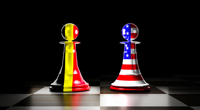 Belgium and USA relations, chess pawns with national flags - 3D illustration