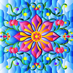 Stained glass illustration with abstract floral ornaments, flowers, leaves and curls on blue background, square illustration