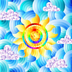 Illustration in stained glass style with an abstract bright sun on a blue sky background and a cloud, square image