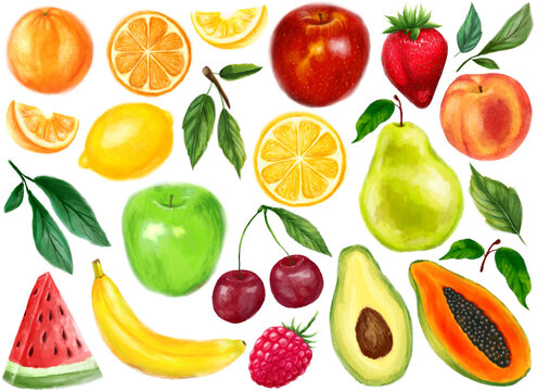 Fruit set. Orange, lemon, apple, watermelon, peach, strawberry, cherry, banana, avocado, papaya. Isolated illustration of fruit on a white background. Watercolor style.