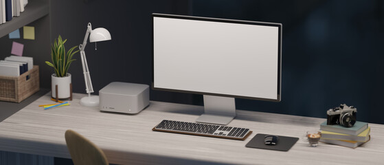 Modern office studio workspace with pc computer mockup on table over black wall.