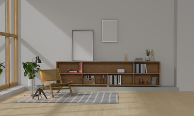 Modern minimal living room interior with minimal wood chair,modern wood bookcase over white wall.