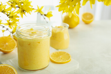 Concept of tasty food, lemon curd, space for text