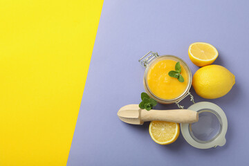 Concept of tasty food, lemon curd, space for text