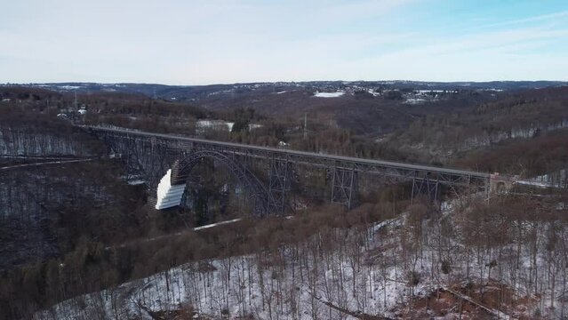 M&uuml;ngstener Bridge in winter aerial view of highest railway bridge in Germany. Rural panorama