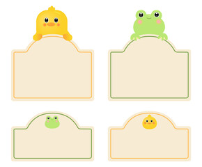 A kindergarten name tag with pictures of chicks and frogs illustration set. memo, frog icon, sticker, chick icon, tag. Vector drawing. Hand drawn style.
