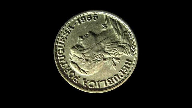 Rotating obverse of Portugal coin 1 escudo 1965 with inscription meaning PORTUGUESE REPUBLIC. Isolated in black background.