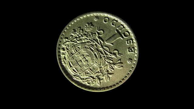 Rotating reverse of Portugal coin 1 escudo minted from 1927 till 1968. Isolated in black background.