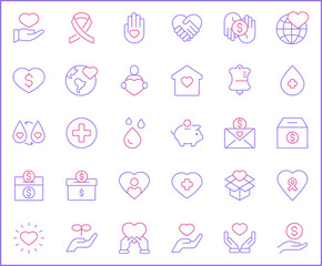 Simple Set of donation Related Vector Line Icons. Contains such Icons as Charity, heart, love, ribbon, care, blood symbols and more.