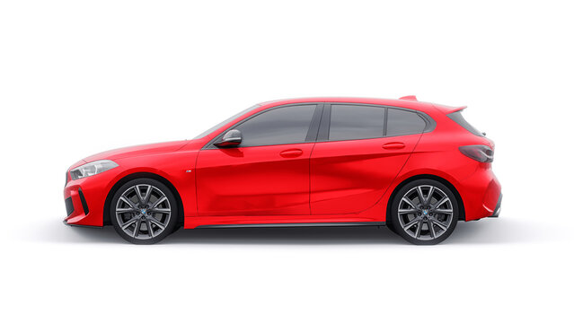 Paris. France. January 9, 2022: BMW M135i XDrive. Red car isolated on white background. 3d rendering.