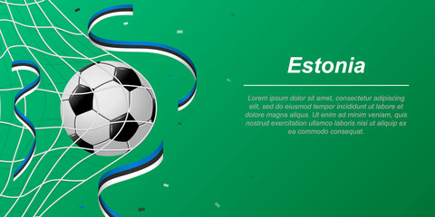 Soccer background with flying ribbons in colors of the flag of Estonia