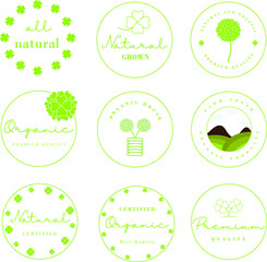 Set of sign, logo, badges and labels elements for organic and natural food and drink market.