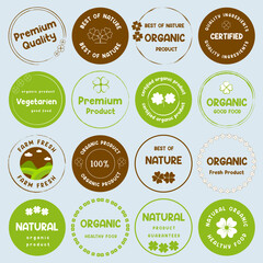 Set of sign, logo, badges and labels elements for organic and natural food and drink market.